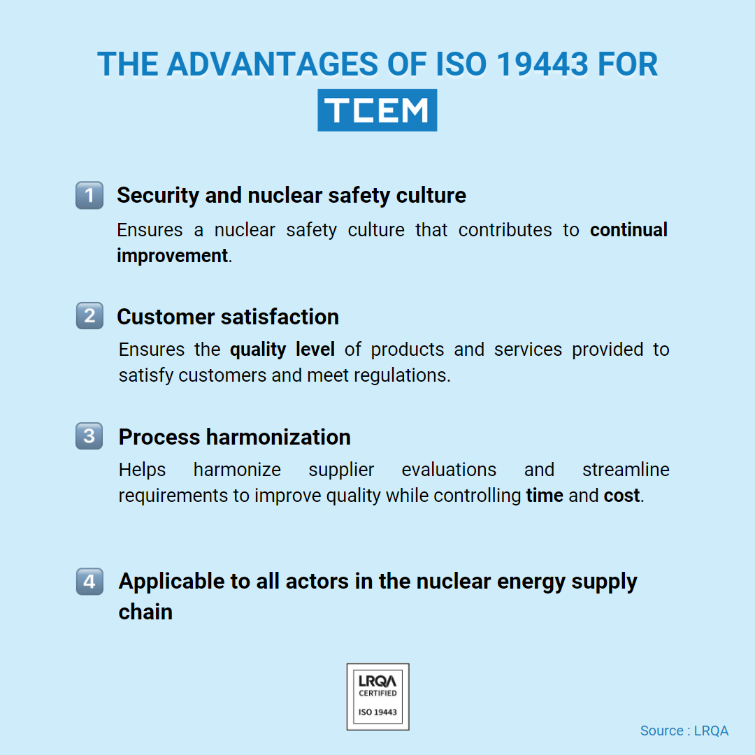 The advantages of ISO 19443 : security and nuclear safety culture, customer satisfaction, process harmonization and applicable to all actors in the nuclear energy supply chain.